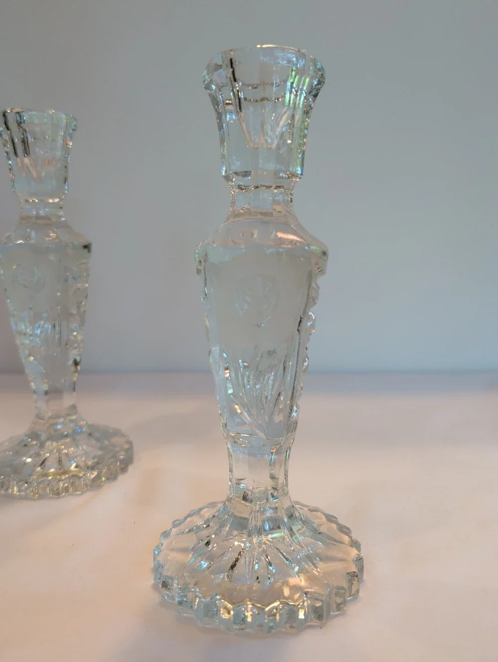Candlesticks Pair Heavy Crystal Frosted Roses Hofbauer Germany Vintage 7.5